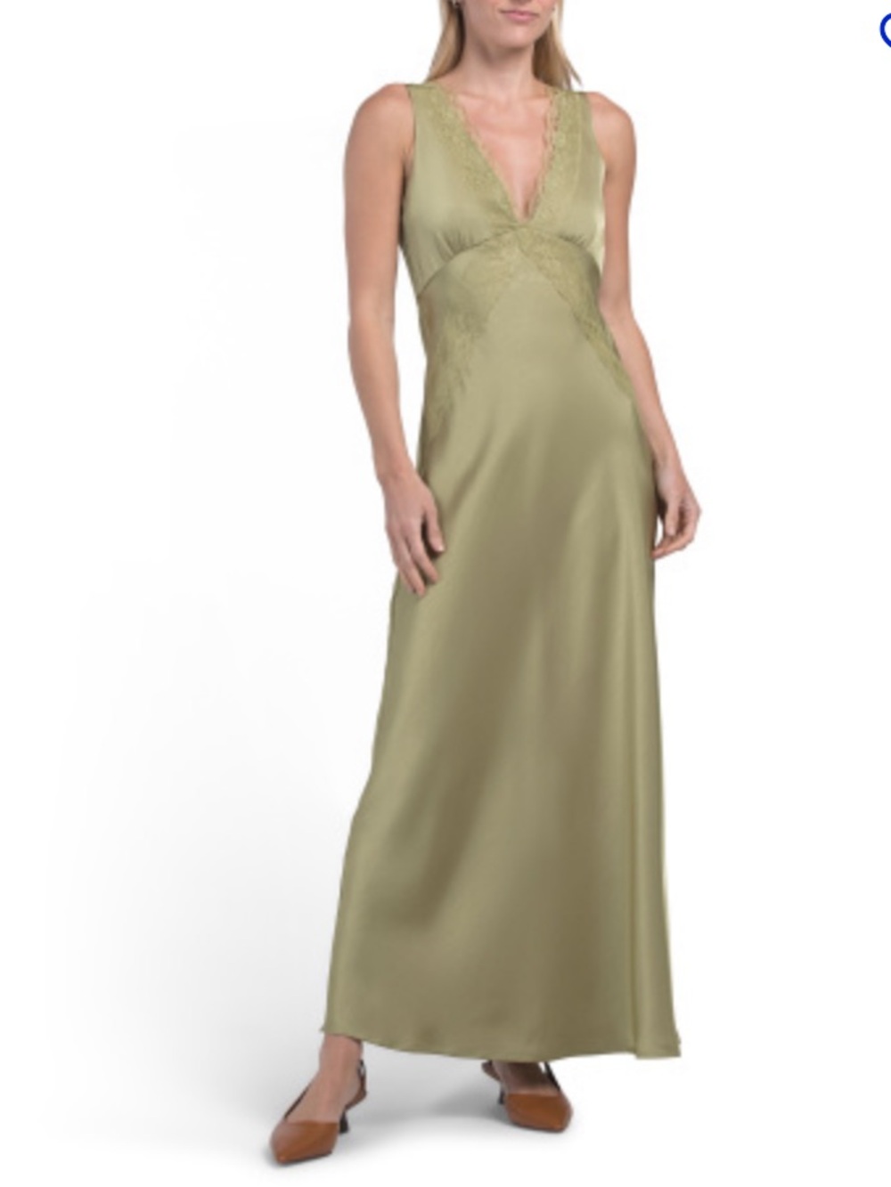 Olive Lace-Trim Satin Slip Maxi - Women's Chemise